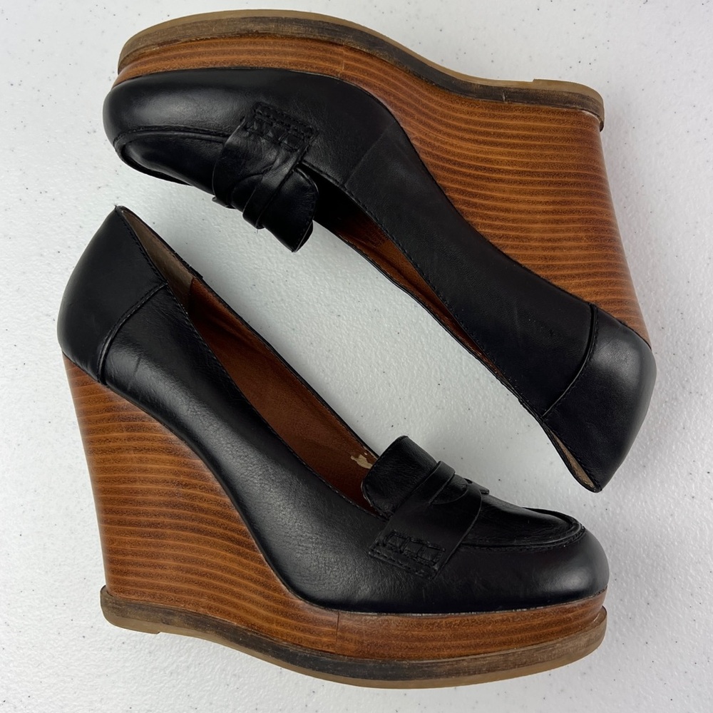 Lucky Brand June Black Leather Platform Wedge Penny Loafers Size 10 - Picture 8 of 13